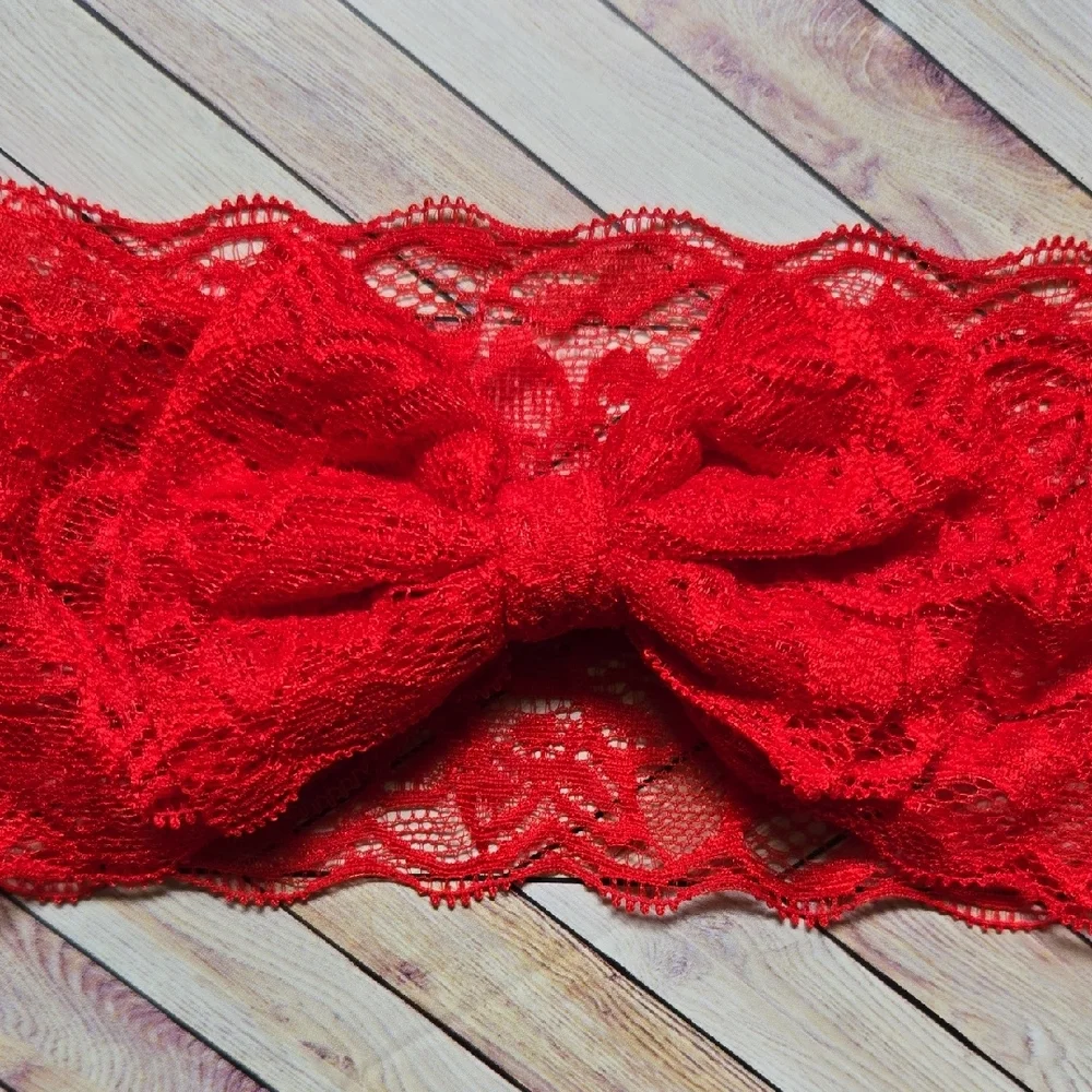 Kids Lace Bowknot Red White Headbands Elastic Bow Headwrap Girls Hairband